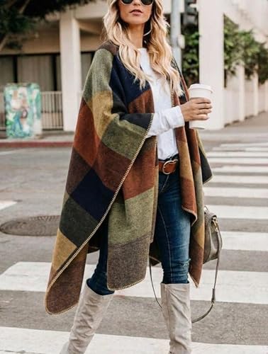 Image of Bestshe Women's Boho Open Front Poncho Plaid Shawl Wrap Cape