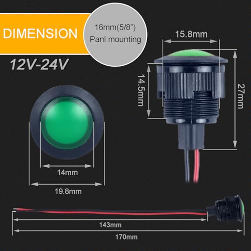 Lámpara piloto LED verde 16mm 12-24V 2 piezas miniatura 2