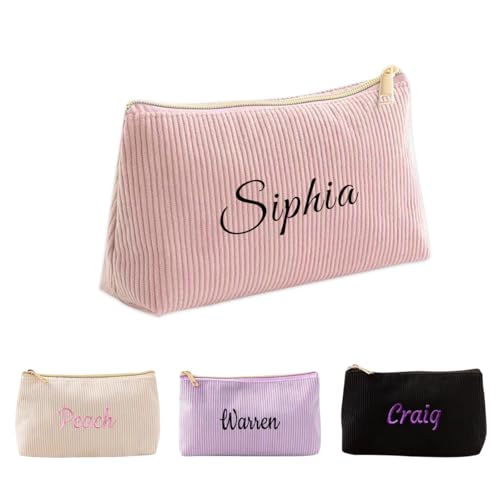 VRFASHION Custom Makeup Bag with Embroidered Name,Personalized Corduroy Cute Cosmetic Bags, Birthday Gift for Women ?Pink?