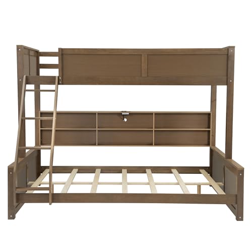 Bellemave Twin XL Over Queen Bunk Bed for Kids/Adults,Bunk Beds with Charging Station and Bookcase,Solid Wood Bunk Beds Twin XL Over Queen for Girls,Boys,Antique Wood