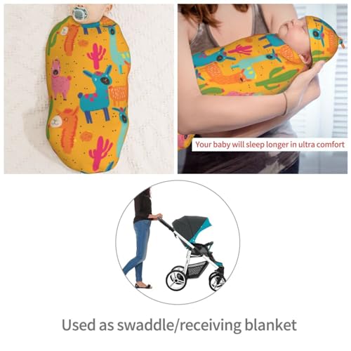 Image of Animals Colorful Llama Cactus Newborn Swaddle Blankets Hat Sets Soft Baby Receiving Blanket Swaddle Sack for Baby Shower Infant Boy Girl Gift