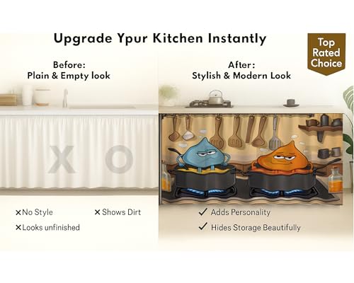Image of Under Sink & Counter Curtain for Modular Kitchen - Printed Fabric Rod Pocket Hanging Skirt, Washable Under-Counter Cover, Pack of 2 Panels (Each Panel: 150 x 70 cm) (Golu Molu)