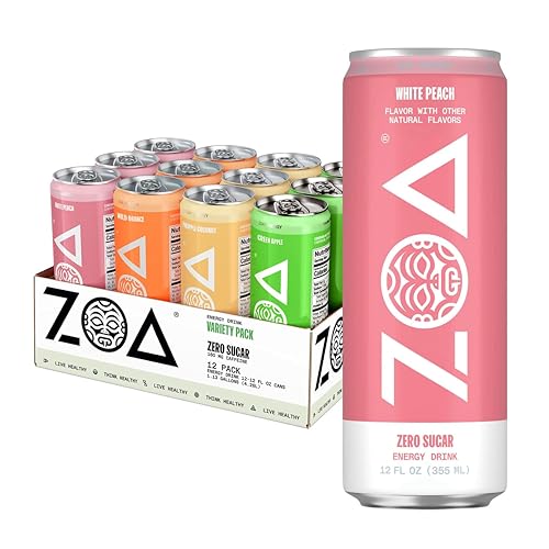 ZOA Zero Sugar Energy Drink, Tropical Variety Pack, 12 Pack, 12 Fl Oz | Better for You Sugar Free Energy Drink with Plant Based Caffeine, Electrolytes, Vitamin B and C helping support hydrat
