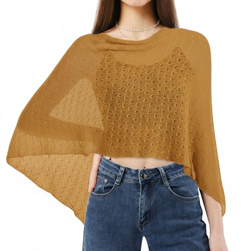 Cutecrop Women Sheer Poncho Shrug Lightweight Women Cape Poncho Shrug Sheer Blouse Top Bolero Shawl for Evening Dress(Gold)