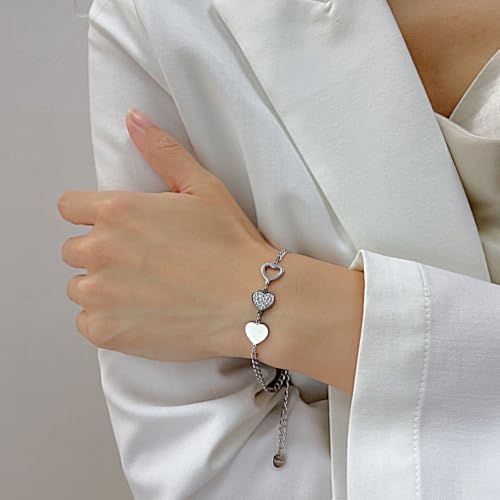 Image of Fashion Stainless Steel Cubic Zirconia Hearts Charm Link Chain Bracelet(White)