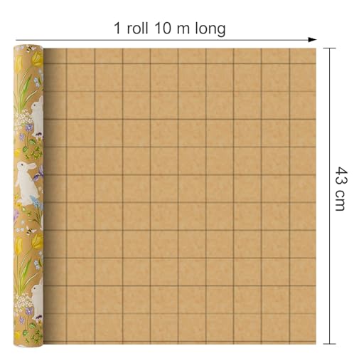 Wikadlik Kraft-Osterhasen-Geschenkpapier - 43 cm x 10 m - Hase in einem Frühlingsblumenfeld Geschenkpapier für Feiertage, Dekorationen und Kinder
