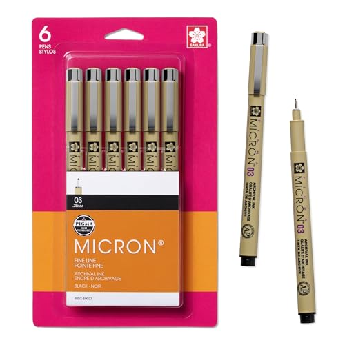 SAKURA Pigma Micron Fineliner Pens, 03 Tip Size, Archival Black Ink, 6PK 50037
