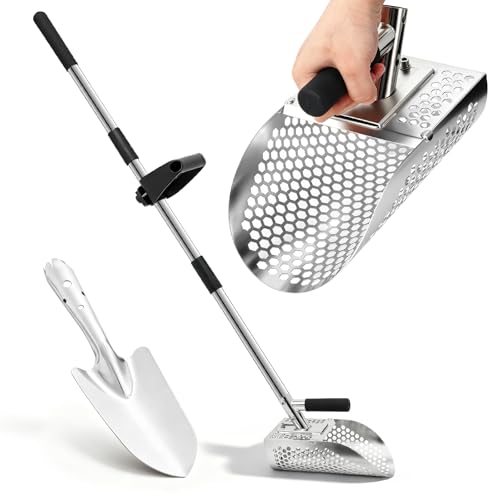 Long Handle Sand Scoop Stainless Steel Shovel Scoop for Metal Detecting for Adults Shovel Underwater Treasure Hunting Adjustable Length Handheld with Long Steel Handle Pole Design 45 Inches
