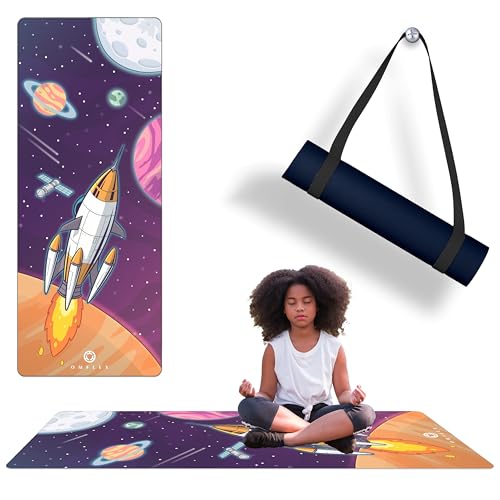 OMFLEX Premium Kids Yoga Mats/Exercise Mats/Play Mats with Carrying Strap 60x24 Non-Slip Mats with Fun Prints for Children 3mm Thick Dolphins Car and Supergirl Designs PVC-Free (Space)