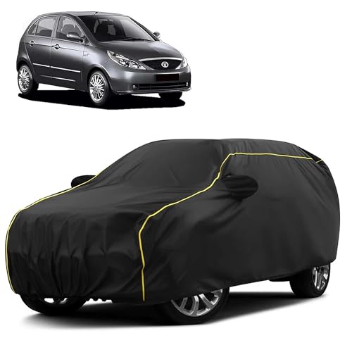 Image of Sulfar 100% Water Resistant Car Body Cover Compatible with Mirror for Tata Indica Vista (Triple Stitched, Full Bottom Elastic, Black Taffeta with Yellow Piping)