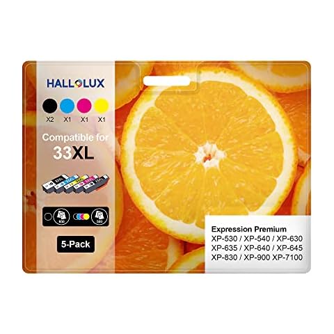33XL High Yield Compatible Multipack, 5-colours Pack Ink Cartridges, HALLOLUX Replacement for Epson 33 XL Compatible for XP-7100 XP-900 XP-645 XP-640 XP-830 XP-630 XP-635 XP-530 XP-540 (PHBK/B/C/M/Y) Cover