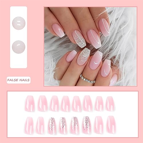24 PCS Sliver Glitter Press on Nails Glossy Pink French False Nails Square Short Fake Nail Full Cover Stick on Nail for Women Girls Daily Wear (Pink White Glitter Gradient) - Image 2