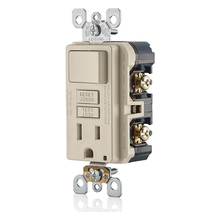 Image of Leviton GFCI Combination Outlet with Switch, 15 Amp, Self Test, Tamper-Resistant with LED Indicator Light, Saves Space, GFSW1-T, Light Almond