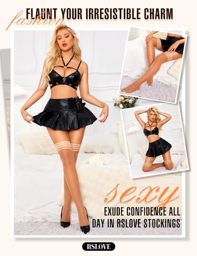 Image of RSLOVE Thigh High Stockings for Women - Stripe Top with Anti-Slip Silicone Stay Up Sheer Pantyhose for Cosplay, Date Night
