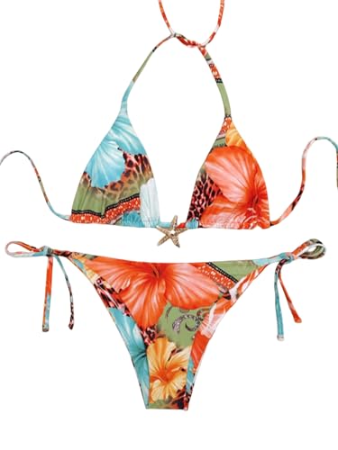 GORGLITTER Women's Leopard Floral Swimsuit Halter Tie Triangle String Thong 2 Piece Bikini Set Star Metal Sexy Swimwear Orange X-Small