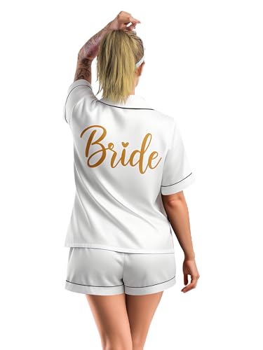 Jecery Womens Satin Pajamas Set for Bride & Bridesmaid, Short Sleeve Sleepwear with Hair Band for Wedding Bridal Party Gifts