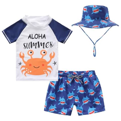 Toddlers and Baby Boys' 3-Piece Rash Guard Swimsuits Kids Long Sleeve Sunsuit Swimwear Sets(Crab Summer,4-5 Years) Cover
