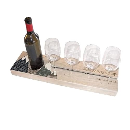 Personalized Wine Caddy, Custom Wood Serving Tray, Crafty Mountain Design - Gift for 5th Anniversary, Wedding, Engagement, Housewarming, Birthday, Bar