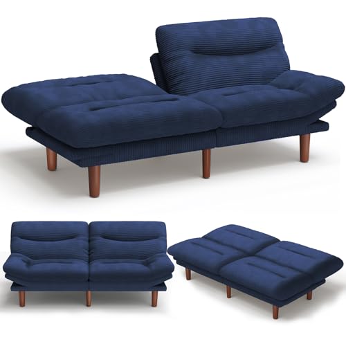 Amada 66" Convertible Futon Sofa Bed, Corduroy Folding Futon Set with Adjustable Backrest &Armrests, Recliner Lounge for Living Room, Apartment or Office, Solid Wood Frame, Loveseat Sofa - Blue
