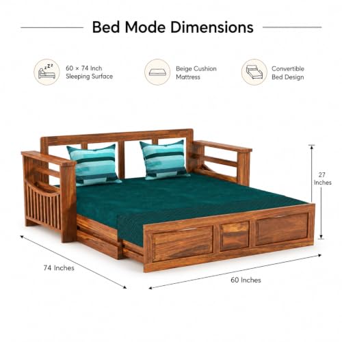 Image of Douceur Furnitures Solid Sheesham Wooden 3 Seater Sofa Cum Bed with Mattress,Cushions & Side Pockets,Wood Foldable Convertible Sofa 3 Seater Diwan Cum Bed for Living Room & Office|Natural Finish