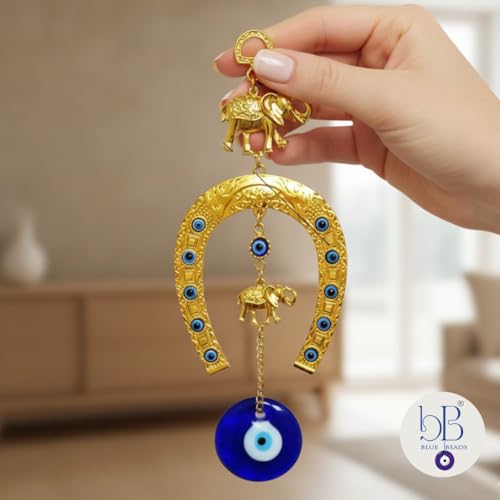Image of BLUE BEADS Turkish Feng Shui Vastu Blue Glass Evil Eye Hanging /Door Hanging Nazar Batu for Protection and Good Luck - Perfect for Gifting Home or Office (GHODE NI NAL - Gold)