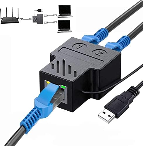 Wuedozue RJ45 Network Splitter Adapter, 1 to 2 Dual Female USB to RJ45 Port with USB Power Cable LAN Interface Ethernet Socket Connector 8P8C Extender Plug Go Online Simultaneously for Cat6, Cat7