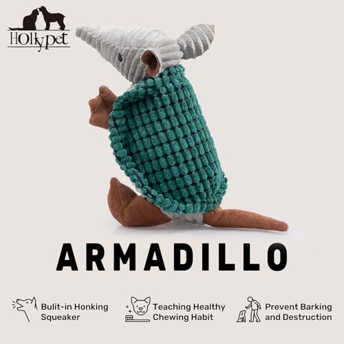 Image of Hollypet Plush Dog Squeaky Toy Stuffed Armadillo Animal Pet Puppy Chew Toys with Clean Teeth for Small Medium Large All Breed Sizes Dogs, Deep Green, 10in