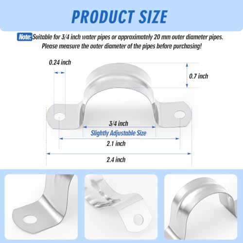 Image of Yaocom 100 Pcs 3 /4 Inch Opening Pipe Strap 304 Stainless Steel Conduit Clamp Reinforced Rigid 2 Hole U Bracket for Pipe Fixing on Various Surfaces