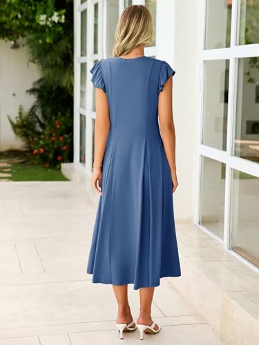 Image of Simplee Womens Summer Casual Dress - Flutter Short Sleeve Beach Boho A Line Flowy Button Crewneck Long Dress(Dark Blue,Large)