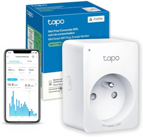 Tapo Matter Prise Connectée WiFi, Suivi de consommation, 16A Type E, Fonctionne avec Alexa, Contrôler le radiateur, le chauffage, Économie d'énergie, Tapo P110MA(FR)