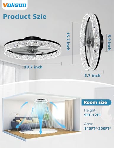 Image of VOLISUN Low Profile Ceiling Fan with Lights and Remote, No Assembly, 20in Modern Ceiling Fans Flush Mount, 3000K-6500K Dimmable Bladeless LED Fan Light, Black Fandelier Ceiling Fans for Bedroom