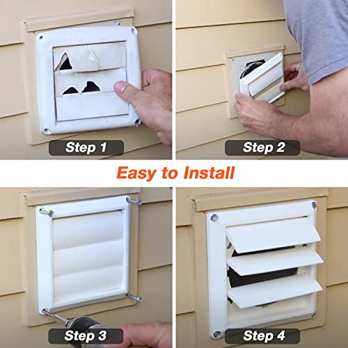 Blutoget 6\" Louvered exhaust Vent Cover 8\" x 8\" Oversize dryer outlet cover for Exterior Wall Vent Hood Outlet Airflow - 6 Inch Vent Cover Exterior with 4 Vent Screen Screw (White) - Thumbnail 6