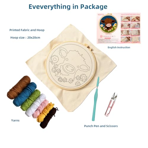 Image of DIY Punch Needle Kits Highland Cow with Daisy Flower with Hoop 20x20cm-1 | with Pattern Stamped Easy for Beginners Embroidery Punch Needle Starter Craft Set for Adults Festival Gift and Decoration