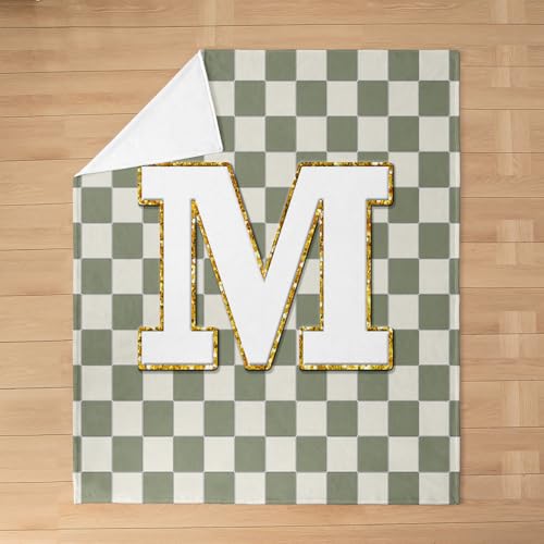 Image of Erosebridal Sage Green Checkered Flannel Blanket Plaid Initial M Fuzzy Plush Throw Personalized Monogram Fleece Blanket for Kids Boys Girls,Fashion Grids Gingham Decor for Bed Couch 40 inchx50 inch