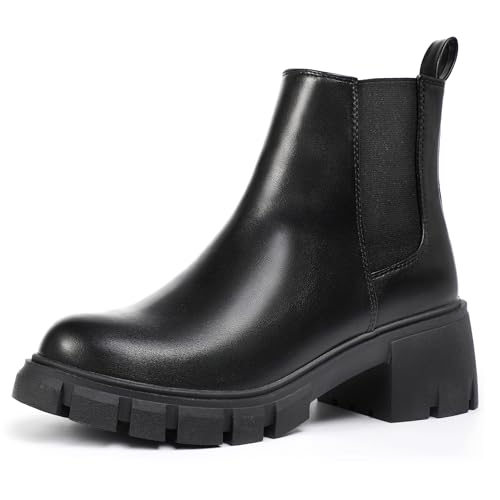 IDIFU IN2 Chelsea Ankle Boots for Women Low Block Chunky Women's Boots Round Toe Short Heeled Ankle Booties Fashion Cute Comfort Trendy Dress Booties Fall Lady Slip On Lug Sole Boots