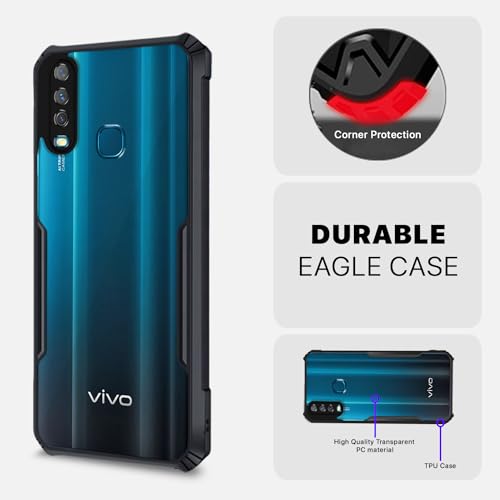 Image of Pikkme Back Cover for Vivo Y12 / Y15 / Y17 / U10 | Ultra Hybrid Shockproof Case | Full Camera Protection | Raised Edges | Clear Transparent Bumper Case (Black)