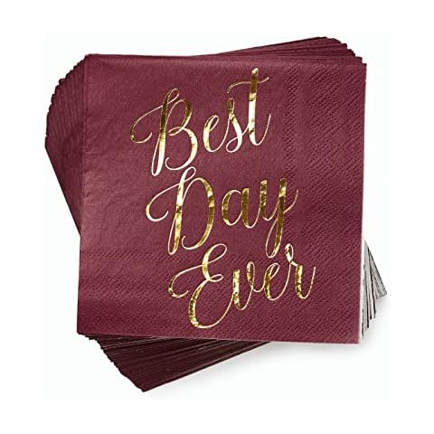 100 Pcs "Best Day Ever" Wedding Cocktail Napkins - 3-Ply Burgundy and Gold Cocktail Napkins Wedding Party Supplies - Eco-friendly Party Napkins for Dessert Beverage, Bridal Shower & Table Decorations Cover