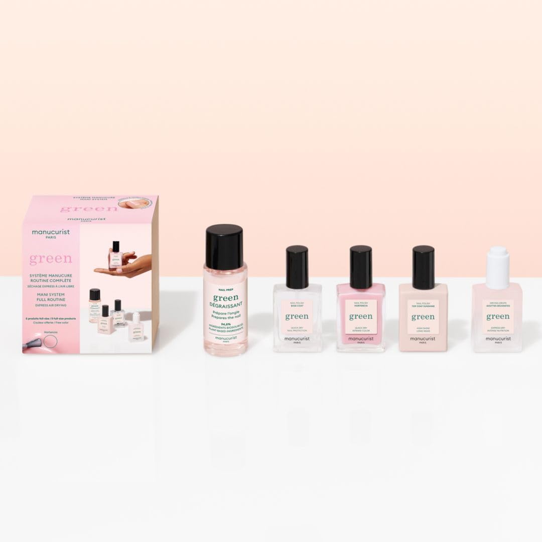 Manucurist Système Green™ Rose Pâle (Hortencia) - Kit Manucure Professionnel Vegan Biosourcé : 1 Dégraissant, 1 Base Coat, 1 Vernis à Ongles, 1 Top Coat, Gouttes Séchantes - Coffret Cadeau Femme