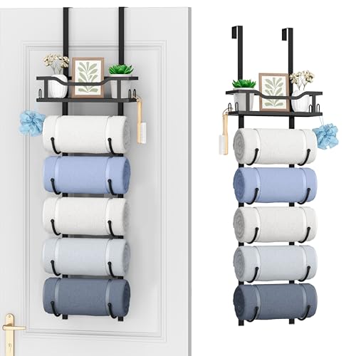 SWTYMIKI Over Door Towel Rack - 6 Tier Towel Storage Rack for Bathroom Wall Mounted Towel Holder with Shelf Hanging Rolled Towel Rail & Bathroom Storage Organiser for Bathroom Camper RV