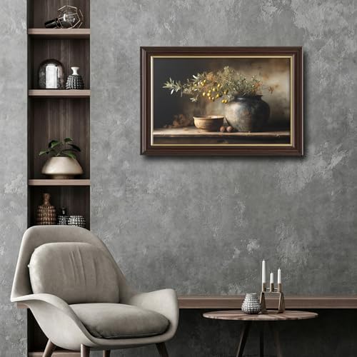 Image of Framed Vintage Olive Branch Still Life Canvas Wall Art, Rustic Pottery Vase Oil Painting Canvas Prints Pictures, Farmhouse Kitchen Wall Decor for Living Room Bedroom Dining Room