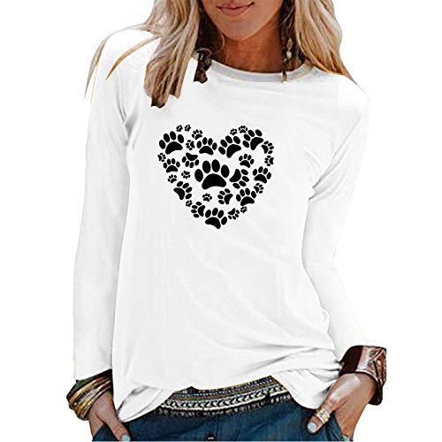 Camiseta de manga larga para mujer, con estampado de perro y corazón, estampado de leopardo, estampado de patchwork, de manga larga, cuello redondo, suelta Cover