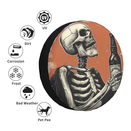 Image of Drinking Skeleton Spare Tire Cover, Universal Wheel Tire Cover Funny Skull Skeleton Tire Protectors for Trailer RV SUV Truck Camper 14 Inch