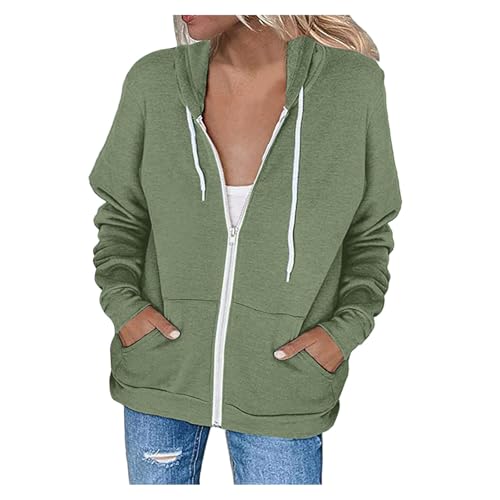 Image of Generisch Fleece Jacket Women's Pullover Women's Casual Hooded Top with Zip and Pocket, Long Sleeve, Spring and Thin Sweatshirt, Fashion Blouse, Green, XL