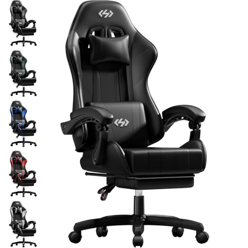 Precision Synergie Gaming Chair for Adults Ergonomic Video Game Chairs with Footrest Reclining Computer Chair with Lumbar Support and Headrest 360 Swivel PC Chairs for Office or Gaming Black
