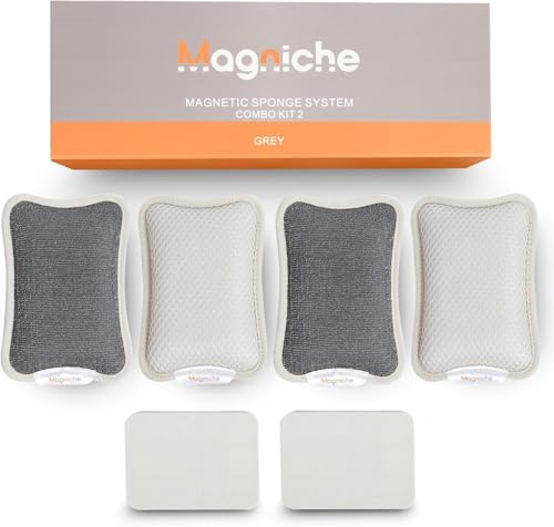 Magniche Magnetic Dish Sponge System - 3-in-1 Magnetic Sponge Holder + Dual-Sided Kitchen Sponge & Metal Scrubber, Dishwasher Safe, 1-Year Supply, Combo Pack (4 Sponges + 2 Magnetic Holders)