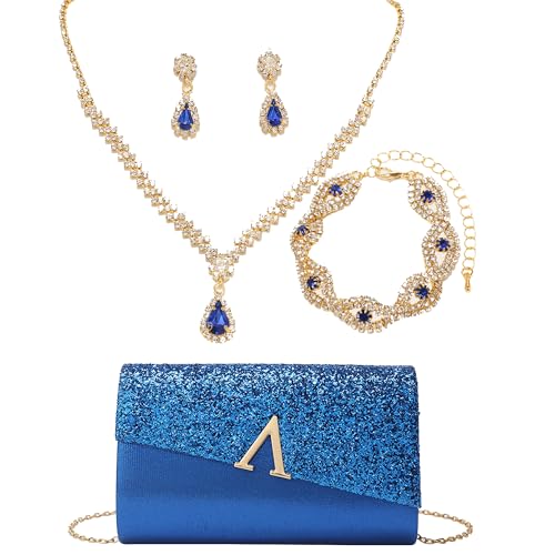 OUAYEMEL Sac à Main Brillant pour Femmes, Sac à Main Étincelant et Brillant pour Soirée, Mariage ou Bal, Ensemble de 4 Pièces de Bijoux à Strass Bleu