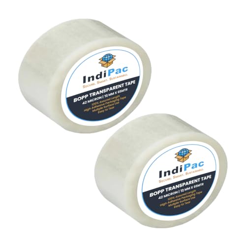 Image of Indipac Transparent Cello Tape BOPP 3 Inch 65m Heavy Duty Sealing Tape Roll for Carton Box Packing, Warehouse, Industrial, Office & Ecommerce Packaging Tapes (Pack of 2)