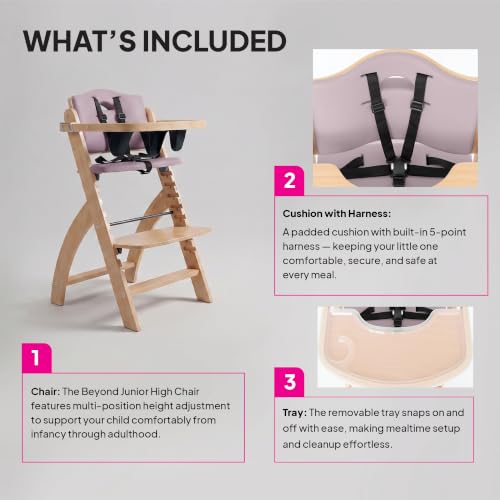 Image of Abiie Beyond Junior Wooden High Chair for Babies and Toddlers - Convertible 3-in-1 Baby Highchair with Removable Tray - 6 Months to 250 Lb - Water Resistant - Natural Wood with Lilac Cushion
