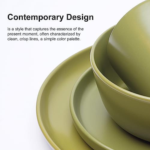 Müllerheim 903 Minimalist Collection 16-Piece Contemporary Ceramic Stoneware Dinnerware Sets For 4, Matte Olive Green, Plates And Bowls Sets, Dinner Plates Set, Salad Dish Set, Bowls, Cup #TOP2