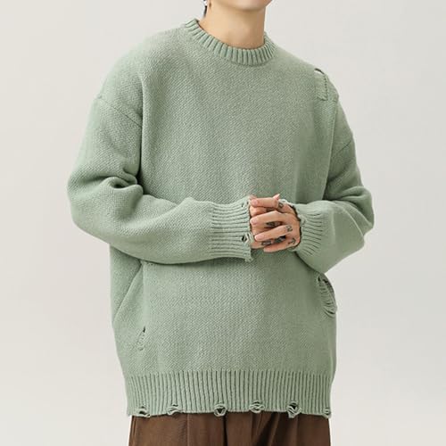 Mens Distressed Sweater Crewneck Pullover Sweater Long Sleeve Knit Sweater Casual Loose Fit Sweater Fall Winter Tops2